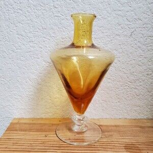 Vintage Hand Blown Footed Amber Glass Vase 8" Tall MCM Decor Collectible Yellow